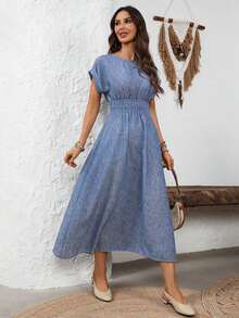 casual de mujer con cuello redondo y mangas tipo murciélago con estampado total - Azul marino - Ver 6