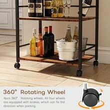 3 Tier Kitchen Cart, Rolling Bar Cart For Tea, Coffee, Liquor, And Drink Service With Removable Serving Detachable Server, Rustic Brown And Black - Rustic Brown and Black - View 4