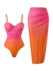 Swim Oasis Conjunto de traje de baño de 2 piezas de moda alta para mujer con falda ajustado con abertura lateral fruncida, ajustable con doble tirante y diseño de concha con degradado de color para primavera/verano - Rosa Fucsia - Ver 8