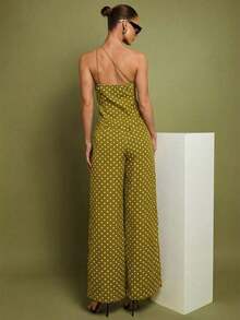 Set de 2 piezas de Top con hombros y pantalones a lunares para mujer, uso casual minimalista de todos los días - Mostaza Amarilla - Ver 2