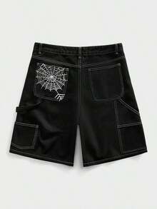 ROMWE MEN Street Life Pantalones cortos de mezclilla con bordado de tela de araña, corte holgado para hombre - Negro 8 - Ver 1
