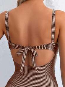 Traje de baño de una pieza sexy para mujer con rayas, encaje cruzado en la espalda - Multicolor - Ver 3