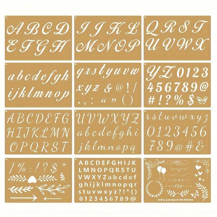 12pcs Letter Painting Stencils, Including 4 Styles Of Complete Alphabet, Numbers And Punctuation. Each Letter Provides 1/3, 1/2, 3/4, 1 And 2 Inch Sizes. These Templates Will Bring You Endless Possibilities, Allowing You To Create Any DIY Art Freely - 12-piece Alphabet Drawing Board - View 1