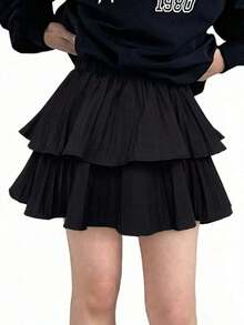 Falda pantalón de verano casual de unicolor con abertura lateral para mujer - Negro - Ver 5