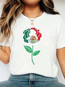 Soft Cotton T-Shirt For Women. Graphic Print T-Shirts Featuring The Mexican Flag And Roses. Short-Sleeved, Crew-Neck Athletic T-Shirt For Women. Casual And Fashionable Style. 100% Cotton. Perfect For Spring/Summer. Beautiful Blouses, 100% Cotton. - 白色的 - 查看 6