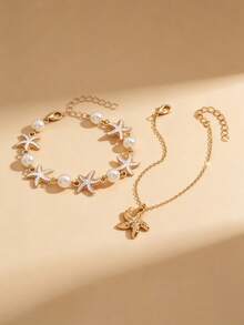 2pcs/Set Beach Style Starfish & Faux Pearl Jewelry Set, Suitable For Daily Wear And Summer Beach Vacation - Multicolor - View 2