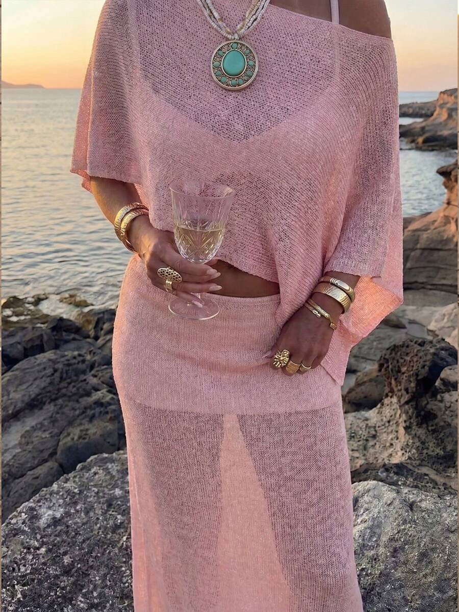 Set de 2 piezas de top de punto casual y falda rosa para mujer, adecuado para fiestas, uso diario, vacaciones, estilo sexy, primavera/verano - Rosa - Ver 1