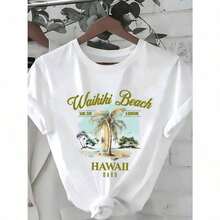 Camiseta Casual de Manga Corta para Mujer - Estampado Gráfico de Surf Hawaiano y Playa de Waikiki, Cuello Redondo de Alta Elasticidad, Tela Opaca Lavable a Máquina para Primavera, Verano y Otoño, Estilo Tropical para Vacaciones, Ropa de Verano, Camiseta con Estampado Hawaiano, Camiseta de Ajuste Cómodo y Ligero - Blanco - Ver 7