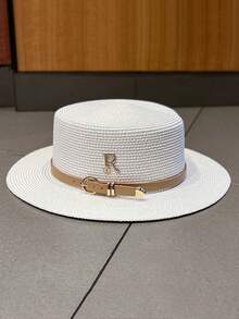 1pc Bohemian Style Women's Fashionable Cute Straw Hat, With Leather Buckle, Suitable For Beach Vacation, Daily Wear And Sun Protection, Cowboy Hat, Valentine's Day Gift, Women's Hat, Beach Hat For Outdoor Activities, Vacation, Travel, Outfit Accessories, And Gifting - White - View 5