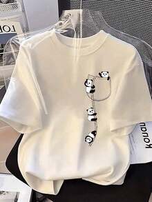 Adorable Women's T-Shirt With A Climbing Panda Pocket Print, Casual Short-Sleeve Crew Neck Tee, Comfortable And Stylish Graphic Design For Everyday Wear. The Perfect Gift! - 白色 - 查看 6