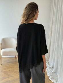 Camiseta casual de mujer con dobladillo asimétrico de encaje de unicolor, uso básico diario, blusa casual de primavera/verano para vacaciones de mujer, vacaciones de verano para mujer, primavera para mujer, vacaciones de primavera, top para ir a la playa - Negro - Ver 2