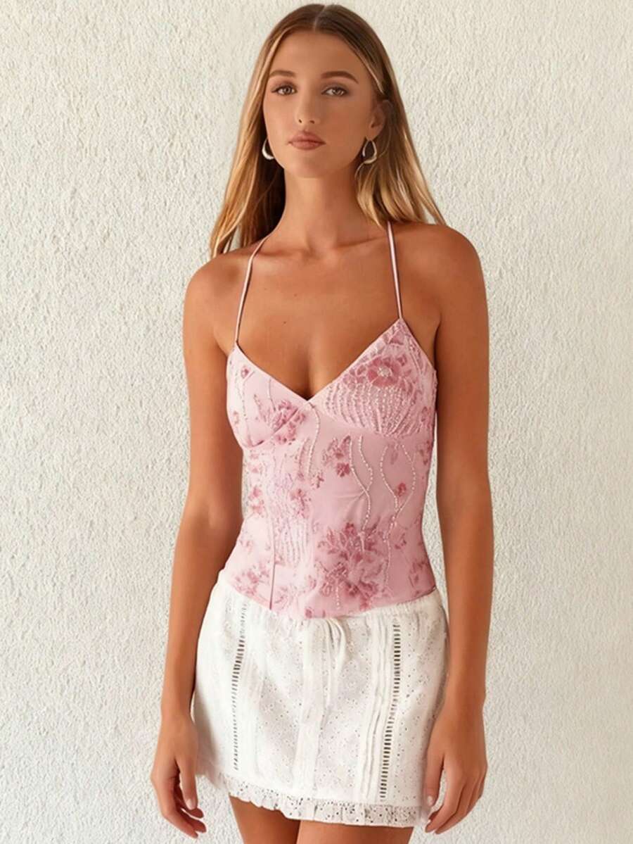 Top sin mangas con tirantes colorido estilo dopaje con lentejuelas y cordón trasero - rosa - Ver 1