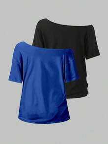 Camiseta blanca holgada con cuello asimétrico para mujer - Multicolor 7 - Ver 2