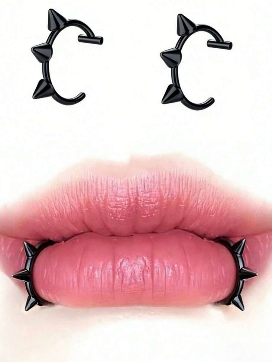 2 piezas de anillos de labio sin perforación con estilo punk y remaches, accesorios de labios de moda y personalizados - Negro - Ver 1