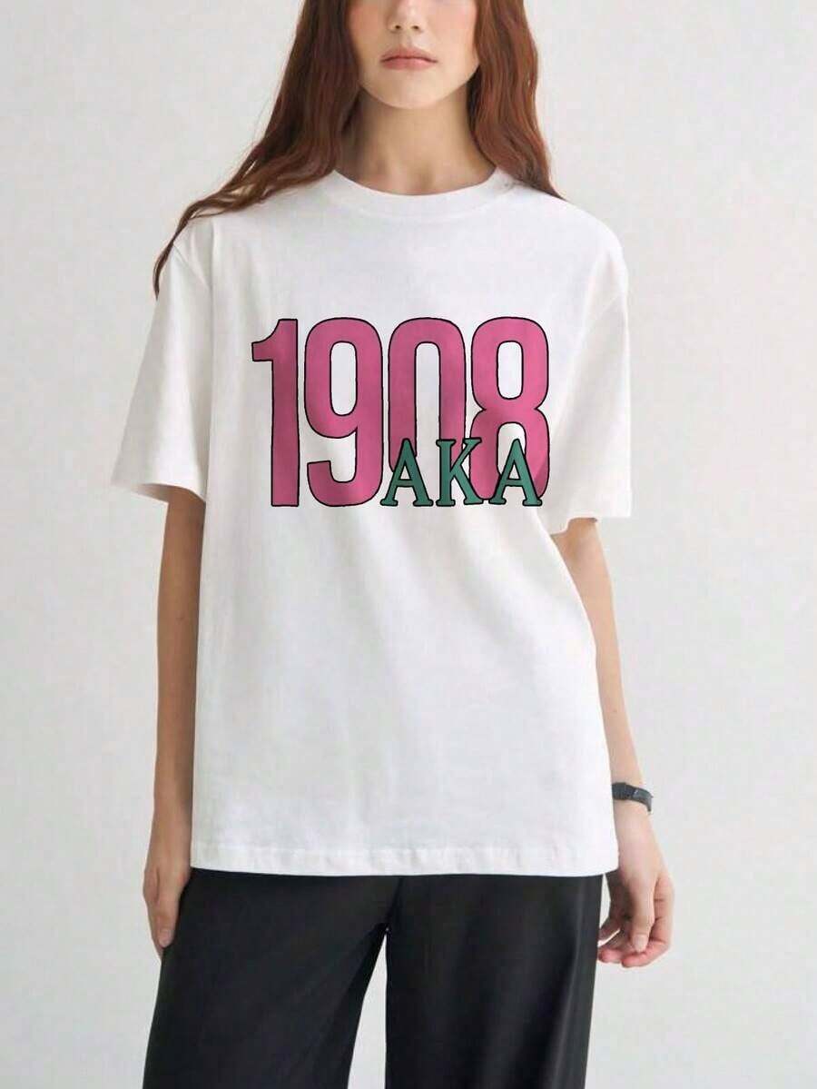 Women's Short-Sleeved T-Shirts With Interesting Prints, Beautiful Clothing. White T-Shirt With Aka 1908 Print For Casual Wear. - 白色 - 查看 1