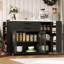 Mobile Kitchen Island With Folding Worktop, Kitchen Trolley, 5 Wheels, Multiple Storage Compartments, Spice Rack, Cutlery Drawer, 120 X 45 (70) X 90 Cm - Black - View 8