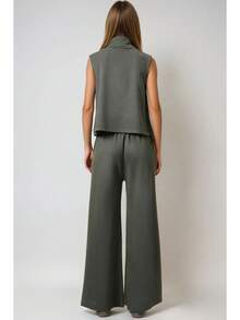 Women's Solid Color Turtleneck Tank Top And Pants Casual Suit - Army Green - View 7