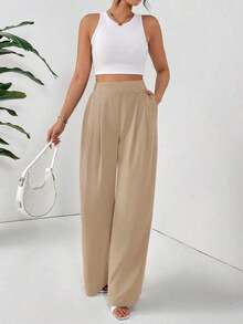 Pantalones holgados básicos casuales de cintura alta de unicolor, plisados y de pierna ancha para mujer - Caqui - Ver 1