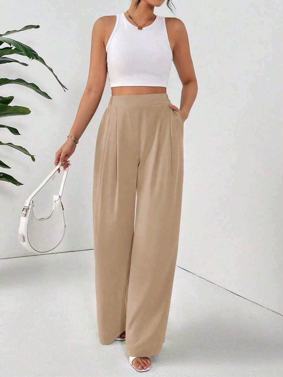 Pantalones holgados básicos casuales de cintura alta de unicolor, plisados y de pierna ancha para mujer - Caqui - Ver 1