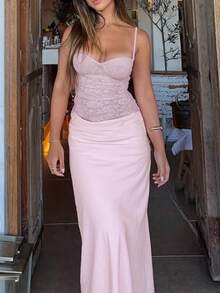 Vestido tirantes con encaje combinado cremallera trasera corte entallado estilo sexy elegante nueva colección verano moda europea para mujer - Rosa - Ver 2