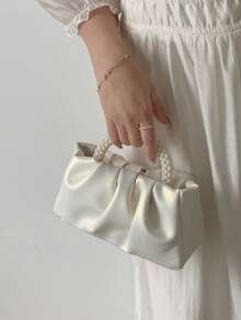 Mini Solid Color Women Pleated Handbag, Women Solid Color Cloud & Crescent Shoulder Bag , New Year, Cream Bag, Beaded Faux Faux Pearl Evening Handbag, Mini Cocktail Party Clutch, Elegant Wedding Party Clutch. - trắng - Xem 4