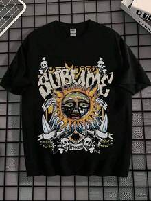Camiseta Retro para Hombre con Estampado de Calavera y Sol - 100% Algodón, Diseño Gráfico Vintage, Corte Estándar y Talla Real, Tejido Cómodo y Amigable con la Piel, Manga Corta, Ropa Casual Unisex para Uso Diario y Festivales de Música, Estilo de Banda, Temática Libre, Camiseta Holgada de Manga Corta, Camiseta Vintage de Algodón Lavado con Cuello Redondo, Suave y Casual. - Negro - Ver 1