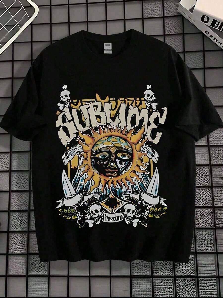 Camiseta Retro para Hombre con Estampado de Calavera y Sol - 100% Algodón, Diseño Gráfico Vintage, Corte Estándar y Talla Real, Tejido Cómodo y Amigable con la Piel, Manga Corta, Ropa Casual Unisex para Uso Diario y Festivales de Música, Estilo de Banda, Temática Libre, Camiseta Holgada de Manga Corta, Camiseta Vintage de Algodón Lavado con Cuello Redondo, Suave y Casual. - Negro - Ver 1