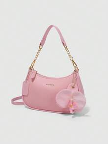 2025 Crescent-Shaped Shoulder Bag, New Fashionable Classic And Versatile Design With Letter Pattern Decoration, Solid Color, Waterproof PU Material, Handbag And Shoulder Bag, Suitable - Pink - View 4