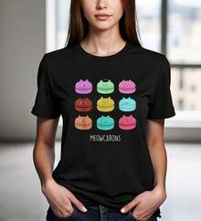 Playera de mujer 100% algodón manga corta para diario Meowcarons casual verano - Negro - Ver 6