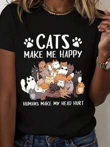 Women's Clothing "Cats Make Me Happy" T-Shirt With White Cat Print And Graphic Text For Casual Wear And Pet Lovers, Women's Shirts - 黑色 - 查看 6