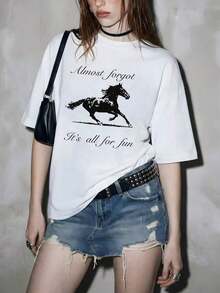 Women's Clothing 1 Piece Short Sleeve Crew Neck T-Shirt With Graphic Print "Almost Forgot Horse It's All For Fun" For Women, Breathable Cotton, Ideal For Everyday Wear, Picnics, Family Gatherings, Summer Travel, And Festive Occasions. New For 2026, Gift For Men, Suitable For Women's Shirts - 白色 - 查看 5