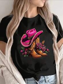 Soft 100% Cotton T-Shirt. Lightweight T-Shirt Featuring A Design With A Pink Cowboy Hat And Boots, Adorned With A Western Floral Pattern. Ideal For Casual Wear At Home Or Outdoor Gatherings, Perfect For Country Music Fans And Festival Wear. Breathable Cotton T-Shirt, Goes With Everything. - 黑色 - 查看 8
