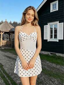 Women's Halter Neck Mini Dress Summer Fashionable Dot Print Sleeveless Backless Spaghetti Strap Dress - Blanco - Ver 1