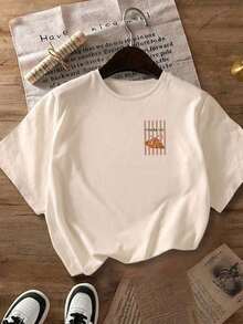 Camiseta de manga corta casual para mujer con estampado brillante de croissant y rayas, cuello redondo, top de primavera/verano, camiseta de mujer, ropa de mujer de verano/otoño, ropa exterior de mujer, ropa de mujer para el Día de San Valentín, prendas de vestir de mujer, atuendo para vacaciones-Vintage Street Style Unisex Loose Cotton Short Sleeve Crew Neck T-Shirtblusas para mujer. blusas.blusas casuales para dama. - Albaricoque - Ver 5