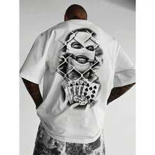 ‌Camiseta de Hombre con Estampado de Iron Wire y Cartas de Poker, Estilo Urbano para Verano‌ - Blanco - Ver 1
