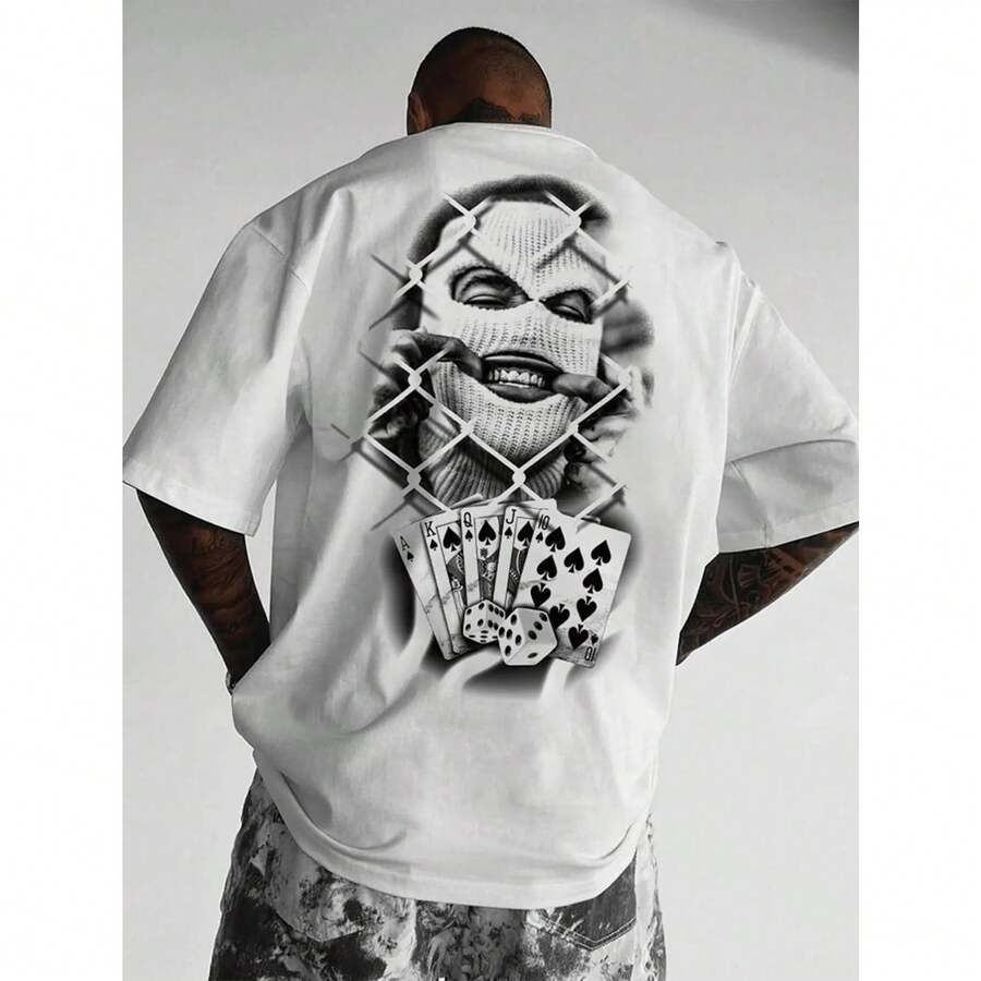 Camiseta de Hombre con Estampado de Iron Wire y Cartas de Poker, Estilo Urbano para Verano - Blanco - Ver 1