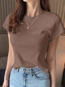 Camiseta básica de mujer de manga corta, cuello redondo, unicolor blanco, para primavera/verano, estilo casual de oficina - Café integral - Ver 6