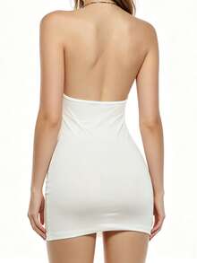 Women's Summer Backless Halter Neck Dress Rave Date Night Out Deep V Neck Party Dress - White - View 5