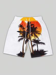 Men's Swim Trunks, Loose Fit Drawstring Waist Palm Tree Print Beach Shorts With Side Pockets - White - View 3