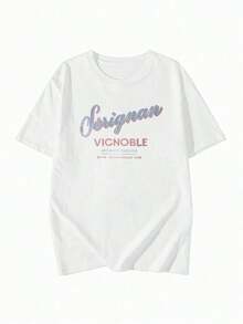 Women's Short-Sleeved T-Shirt, Personalized, Round Neck, Loose Fit, With Letter And Cartoon Print, Japanese Style, Spring/Summer, White, Urban Vintage Style, Cotton, Round Neck. - 白色 - 查看 5