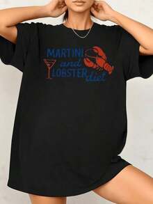 Minimalist Design Featuring A Martini Glass And Red Lobster, Symbolizing Gourmet Enjoyment And A Relaxed Lifestyle. Ideal For Casual Occasions. Women's 100% Cotton 220g T-Shirt. Women's Simple Solid Color T-Shirt, Loose And Slim Fit Casual Short Sleeve - 黑色 - 查看 12