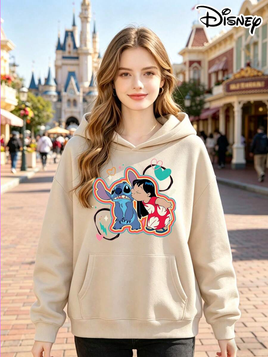 Official Disney Licensed 250G Lilo & Stitch Print Hoodie, Women's 100% Polyester, Fall & Winter Style, Ideal For Commuting, Daily Office & Casual Wear, Perfect Gift For Wife & Girlfriend - 杏色 - 查看 1
