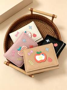 Cute Cream Apple & Lychee Pattern Short Wallet, Cartoon Multi-Slot Card Holder, Niche Portable Multi-Function Coin Purse, Women's Mini Wallet, Small Wallet, Cute Wallet, Travel Essential - Multicolor - View 1