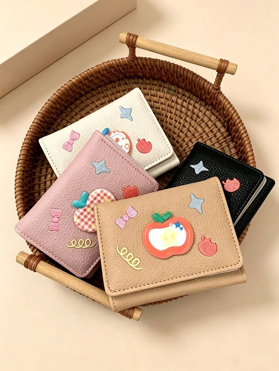 Cute Cream Apple & Lychee Pattern Short Wallet, Cartoon Multi-Slot Card Holder, Niche Portable Multi-Function Coin Purse, Women's Mini Wallet, Small Wallet, Cute Wallet, Travel Essential - Multicolor - View 1