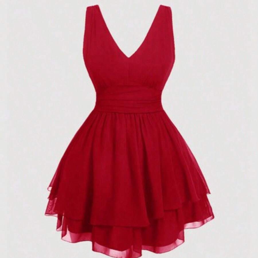 MOD Plus Size Women's Multi-Layered Hem Waist Ruched Black Vintage Dress,Valentine Day - Rojo - Ver 1