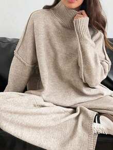2 piezas Conjunto de suéter de manga larga de hombro caído con cuello alto sólido y pantalones anchos de punto para mujer, otoño/invierno - Albaricoque - Ver 3