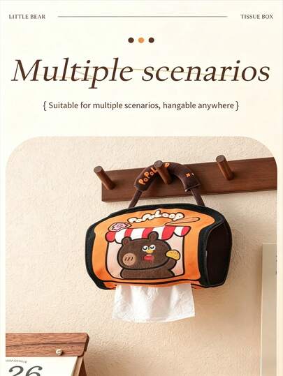 1pc Cute Bear Hanging Tissue Box, Cartoon Canvas Tissue Holder With Handle, Portable Wall-Mounted Napkin Storage Bag For Car, Home & Office