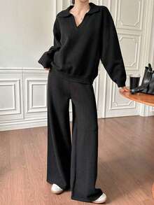 Conjunto de 2 piezas de suéter holgado de cuello vuelto de unicolor y pantalones de pierna ancha para mujer, otoño - Negro - Ver 5