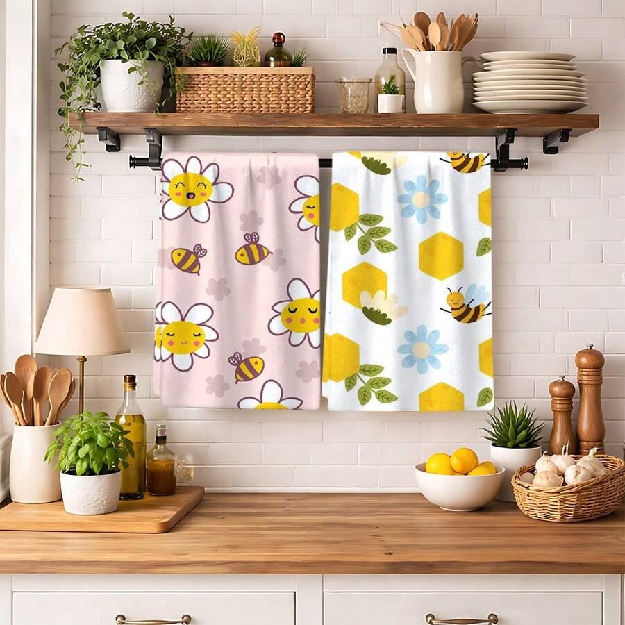 2/4/6pcs Bee Pattern Printed Dish Towels, Super Absorbent Microfiber Modern Cleaning Cloths, Cooking And Baking Tea Towels, Dishcloths, Highly Soft And Absorbent, Kitchen Decor, Gifts For Neighbors, Mothers, Birthdays, Housewarming For Friends, Kitchen Essentials, Daily Necessities - Multicolor - View 1