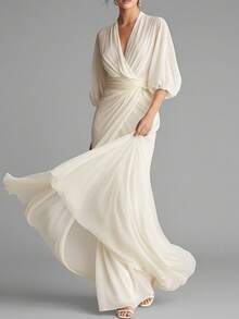 Vestido largo francés liso de corte holgado, estilo elegante y refinado, nueva colección primavera 2026 estilo europeo americano. - Blanco - Ver 5